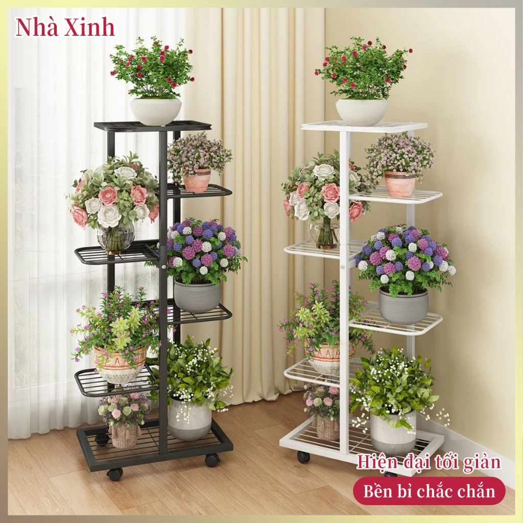 Kệ hoa sắt nhiều tầng dày dặn bánh xe 360 độ, chịu tải vững chắc, tiết kiệm diện tích phòng khách ban công