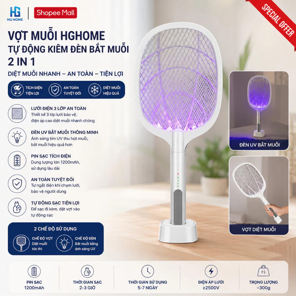 Vợt muỗi HGHOME tự động kiêm đèn bắt muỗi 2 in 1 tự động sạc tích điện