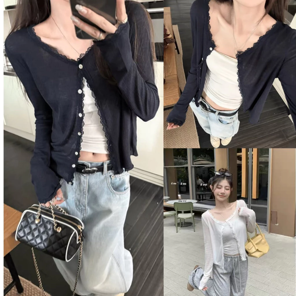 [Hàng sẵn ship] Áo Cardigan Mỏng Viền Ren nhẹ nhàng nữ tính A3779
