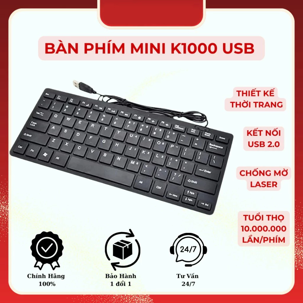 Bàn phím Mini K1000  USB - Full Box- Chất Lượng Tốt, Kiểu Dáng Nhỏ Gọn