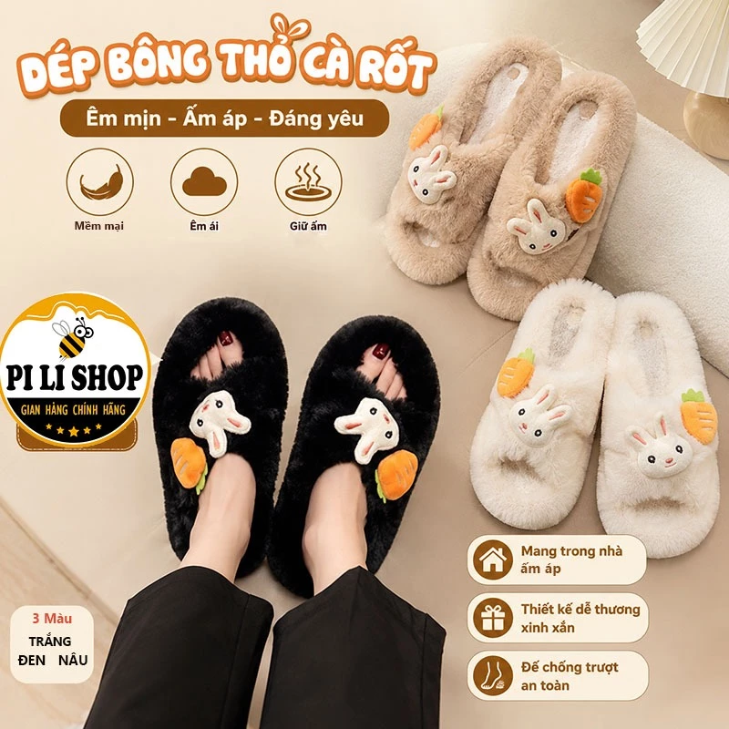 Dép Bông Đi Trong Nhà Quai Chéo Kèm Sticker Thỏ Cà Rốt, Dép Quai Ngang Mềm Mịn Đế Cao Su Chống Trơn