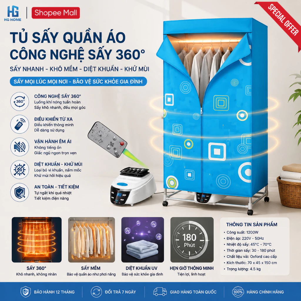 Tủ Sấy Quần Áo Công Nghệ Sấy 360 Có Điều Khiển Từ Xa Không Tiếng Ồn Hàng Chính Hãng HGHOME