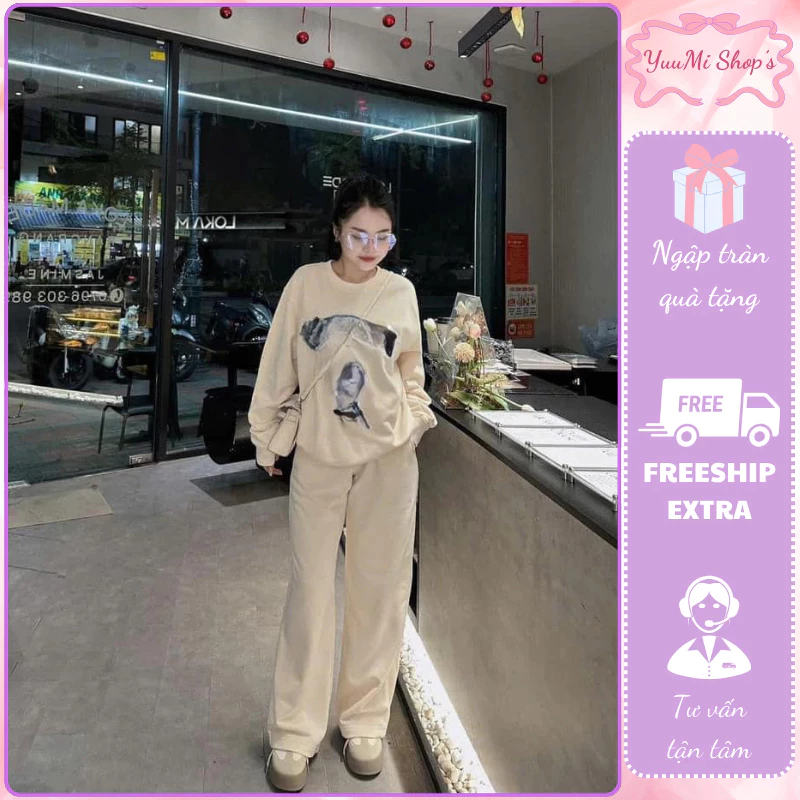 Set đồ nữ, đồ bộ nữ áo nỉ dài tay cổ bo gân in hình gấu phối quần dài suông ống rộng 3 màu dáng thể thảo HCOM3246 YuuMi