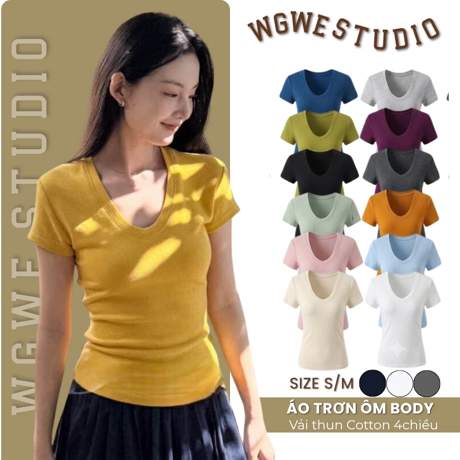 WGWE Studio Áo Thun Trơn Body Nữ Cổ V Tay Ngắn Tôn Dáng Chất Cotton Co Giãn 10143