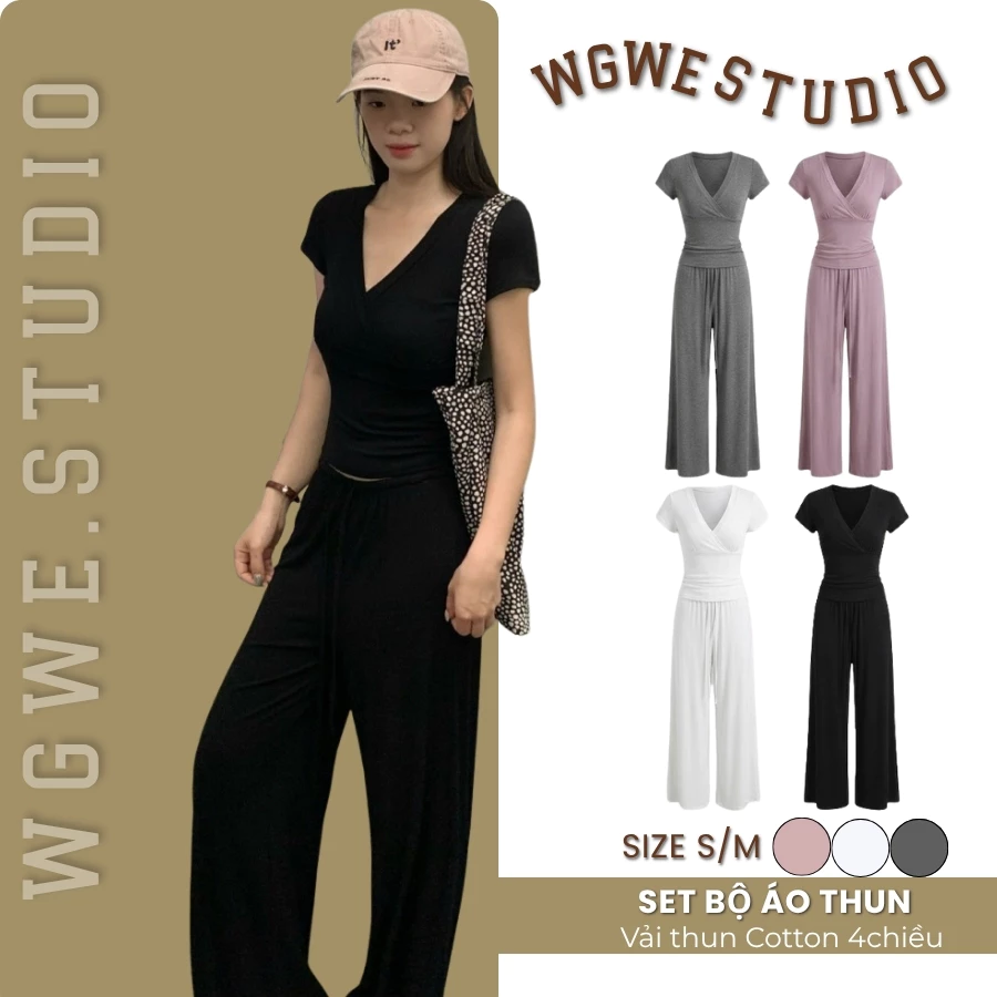 WGWE Studio Set Bộ Áo Thun Nữ 10213 Cổ V Quần Dài Ống Suông Basic Tôn Dáng 10213