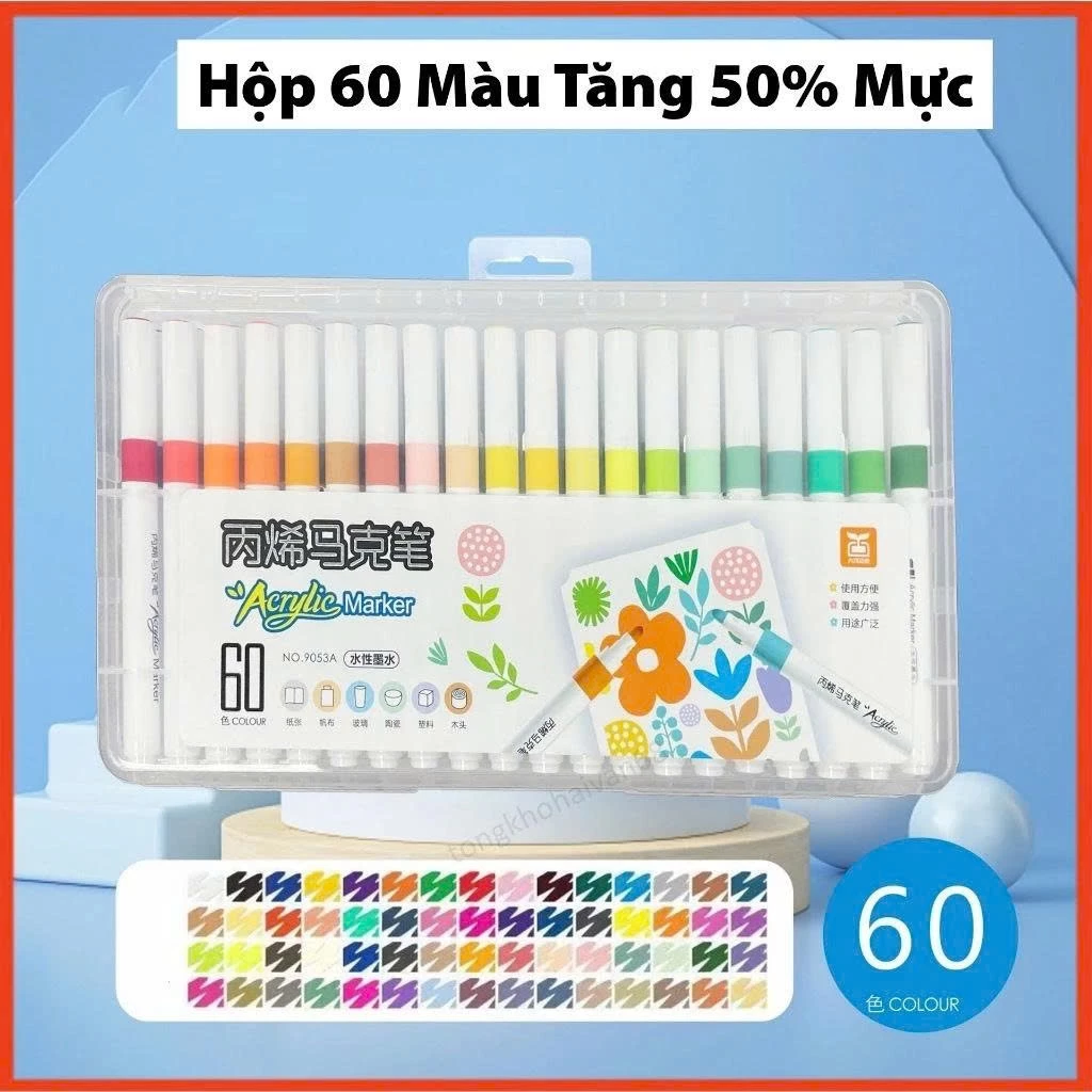 Hộp 60 Bút Màu Acrylic Marker Didooglt Chống Nước Màu Vẽ Cao Cấp Cọ Vẽ Trên Mọi Chất Liệu