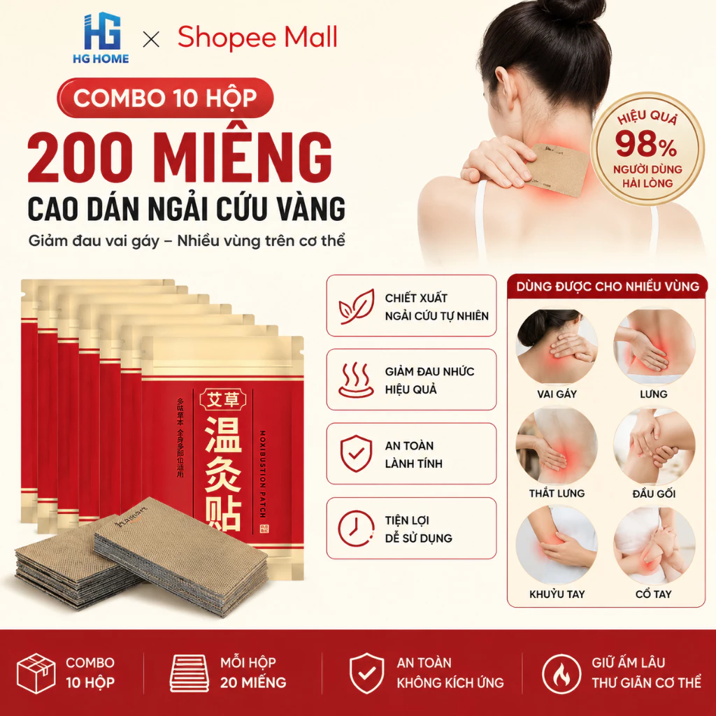 [ COMBO 10 HỘP 200 MIẾNG ] Hộp 20 Miếng Cao Dán Ngải Cứu Vàng Giảm Đau Vai Gáy Nhiều Vùng Trên Cơ Thể HGHOME