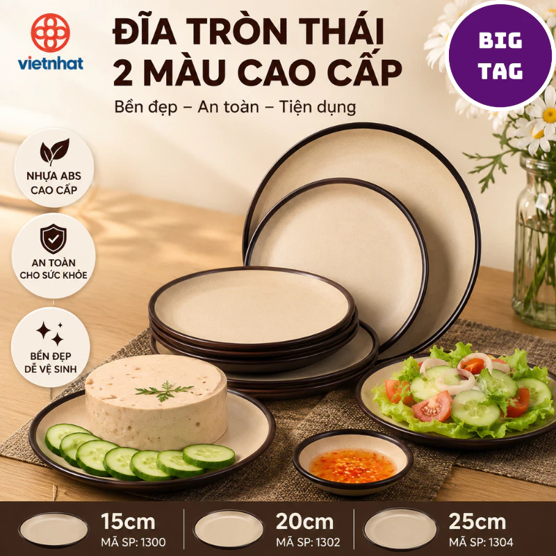đĩa nhựa tròn thái 2 màu việt nhật nhựa abs cao cấp bền đẹp đựng cơm thức ăn nhiều size 1300, 1302, 1304