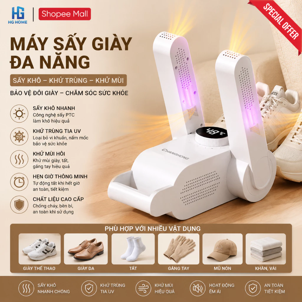 Máy sấy giày HGHOME đa năng khử trùng thông minh bằng tia cực tím ,khử mùi giày tất, găng tay