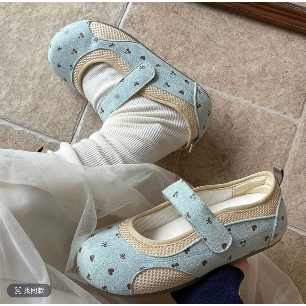 Giày Búp Bê Nữ Quai Dán Họa Tiết Trái Tim Vintage, Phối Lưới Thoáng Khí, Êm Chân Dễ Mang - Lù Store - 6-19