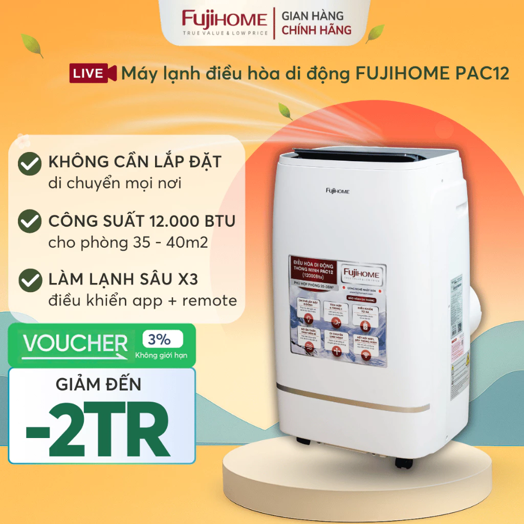 Máy lạnh di động 12.000BTU FUJIHOME Nhập Khẩu, điều hòa cây 1 cục làm mát không khí