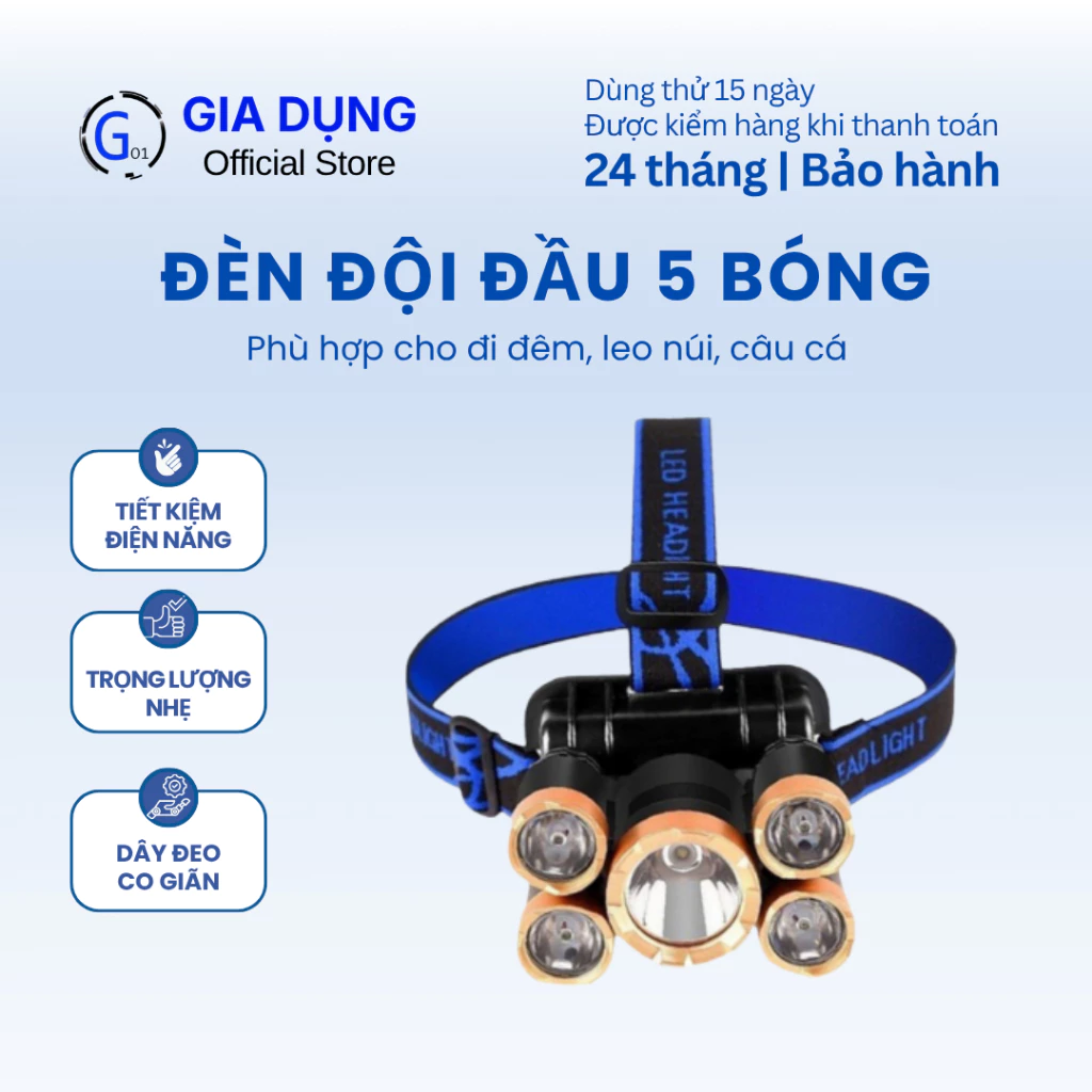 Đèn pin đội đầu đeo trán 5 bóng siêu sáng pin sạc chống nước tiện lợi chiếu xa đi đêm biển câu cá