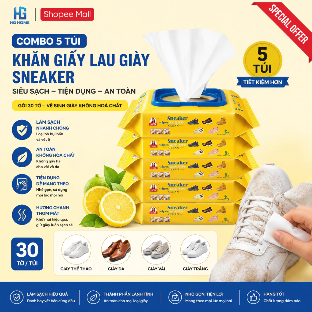 [COMBO 5 TÚI] Khăn Giấy Lau Giầy Sneaker - Siêu sạch, Tiện Dụng, Gói 30 Tờ Vệ Sinh Giày Không Hoá Chất Làm Hại Vải