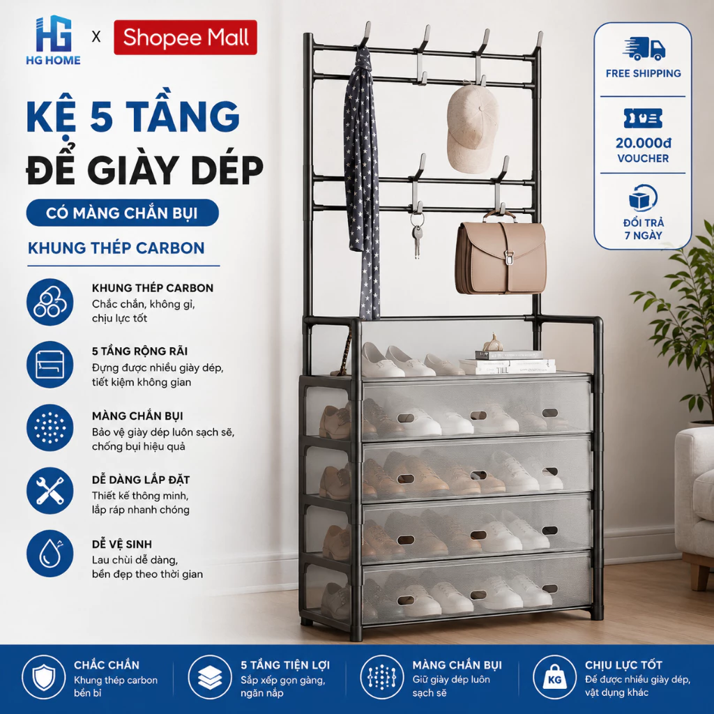 Kệ 5 Tầng Để Giày Dép Có Màng Chắn Bụi, Kệ Giày Dép 5 Tầng Khung Thép Carbon, HGHOME