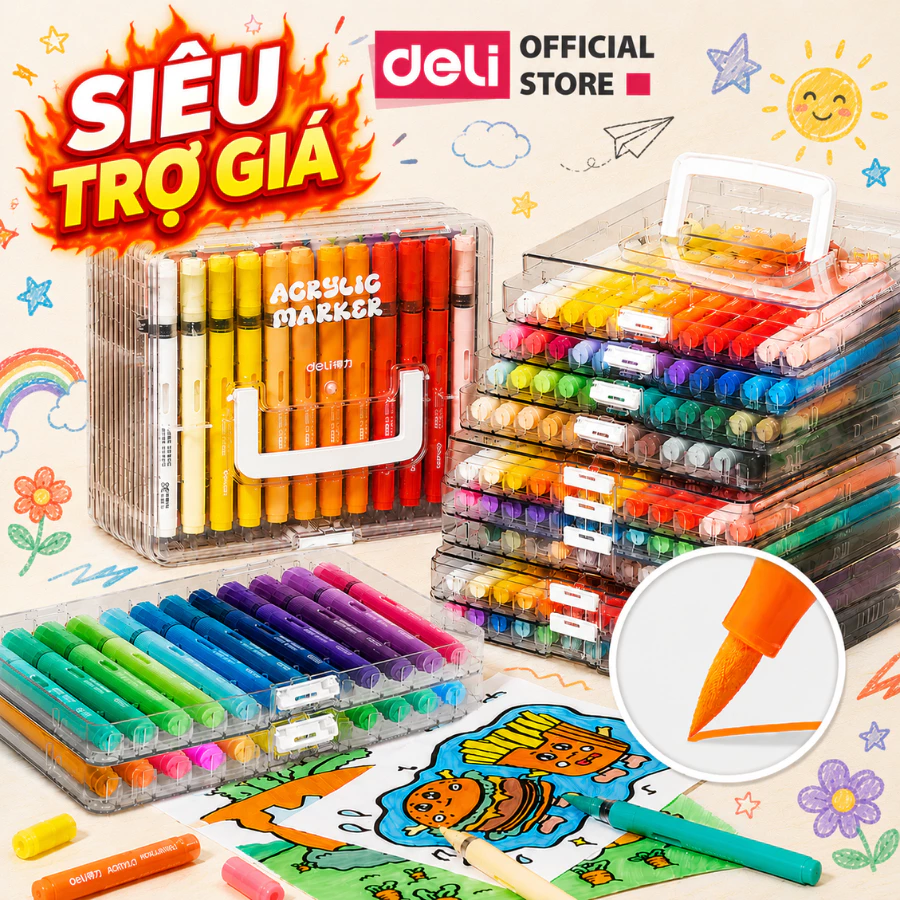 [🔥GIÁ XẢ KHO] Bút Màu Acrylic Marker Roller Deli Cao Cấp - Hộp Nhựa, Bút Lông Màu Vẽ Trên Mọi Chất Liệu