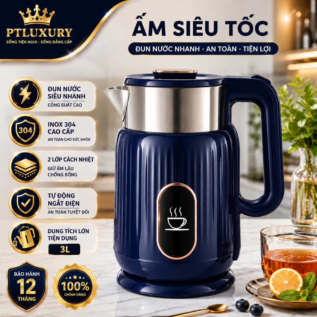 Ấm Siêu Tốc PTLUXURY Dung Tích 3L Công suất 1500 W Có Tự Ngắt Khi Sôi An Toàn Và Tiết Kiệm Điện