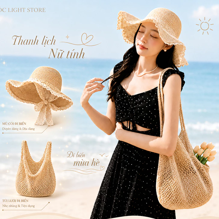 Combo Mũ Cói Ren Nơ Pháp + Túi Cói Đi Biển Nữ Vành Rộng Chống Nắng Du Lịch Phong Cách Vintage