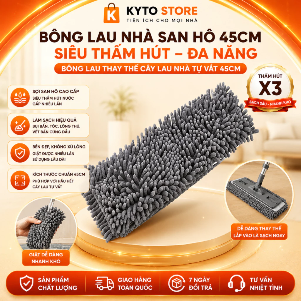 Bông Lau Nhà San Hô 45cm Siêu Thấm Hút Đa Năng, Bông Lau Thay Thế Cây Lau Nhà Tự Vắt 45cm
