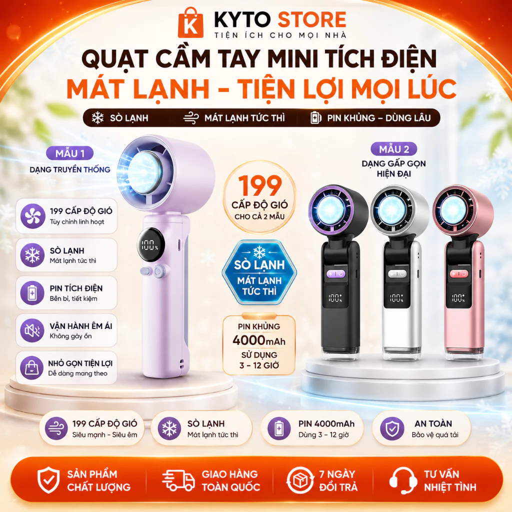 Quạt Cầm Tay Mini Giá Rẻ Tặng Dây Đeo Cổ, 5 Cấp Độ Gió, Quạt Cầm Tay Để Bàn Gấp Gọn