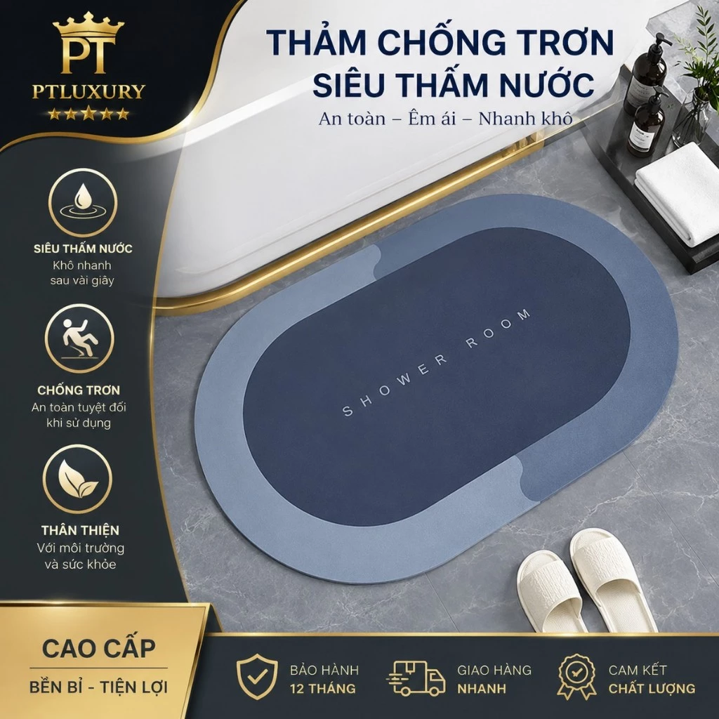 [ LOẠI TRÒN ] Thảm lau chân PTLUXURY 40 cm x 60cm chống trơn trượt, thảm bếp, thảm chùi chân siêu thấm nhà tắm, nhà bếp