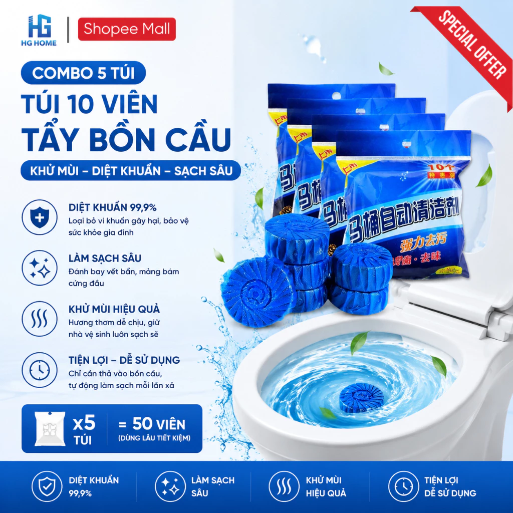 [COMBO 5 TÚI] Túi 10 viên tẩy bồn cầu HGHOME, khử mùi, diệt khuẩn hiệu quả [ HÀNG TỐT ]