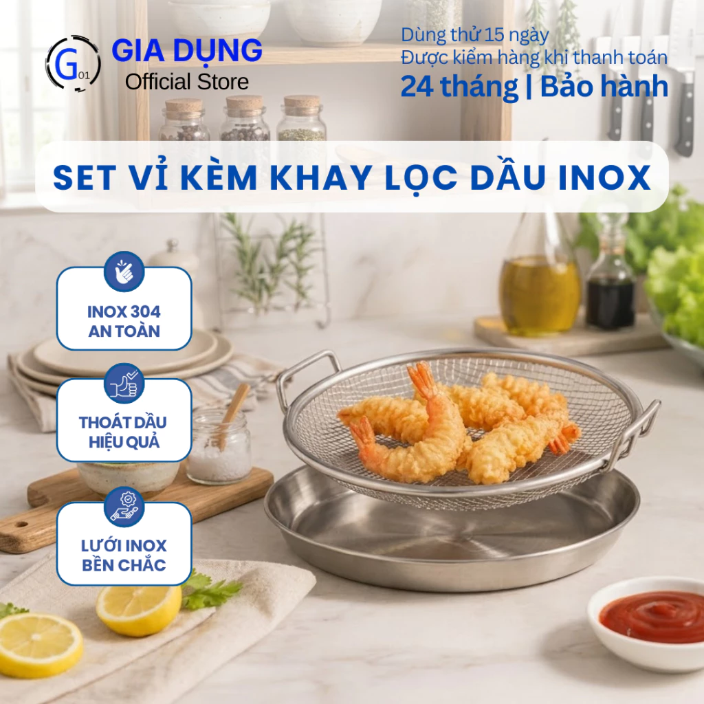 Set khay kèm vỉ lưới lọc dầu inox bền bỉ, dụng cụ Nhà bếp tiện ích, lọc dầu thừa hiệu quả