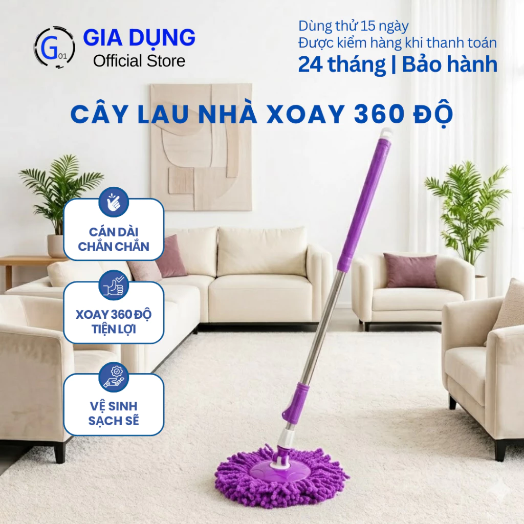 Cây lau nhà mâm nhựa thân inox xoay linh hoạt lau sàn sạch tiện lợi cho gia đình