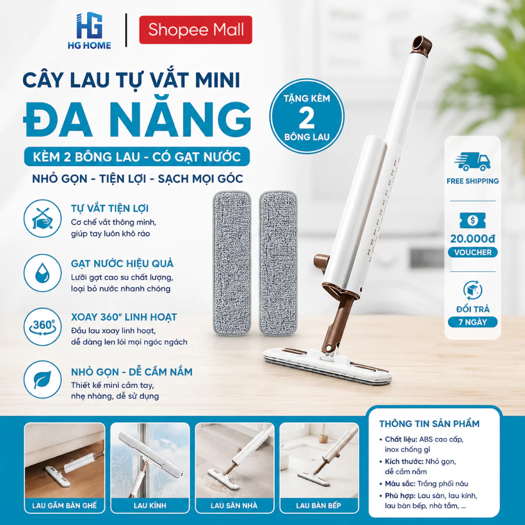 Cây Lau Tự Vắt Mini Đa Năng Kèm 2 Bông Lau , Cây Lau Bàn Bếp Cầm Tay Nhỏ Gọn Tiện Lợi, Có Gạt Nước - HGHOME