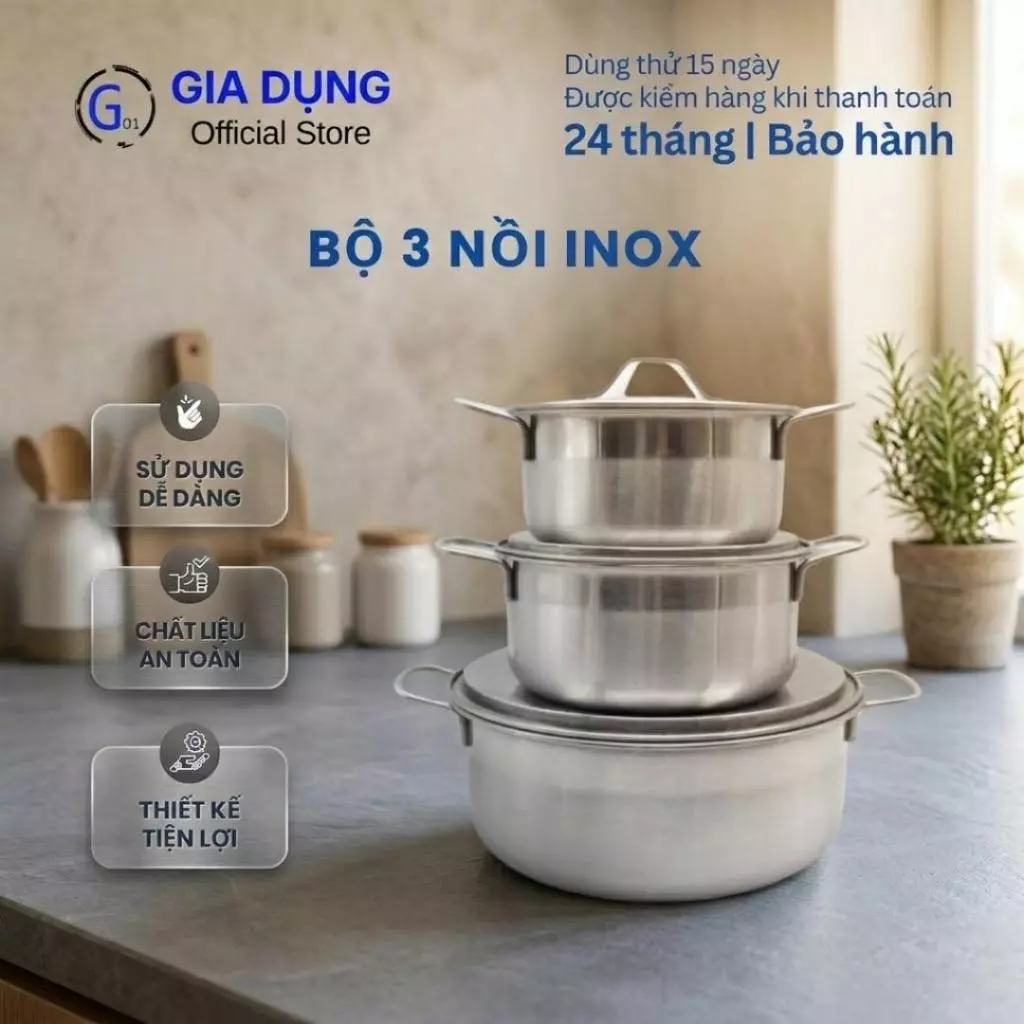 Combo 3 nồi inox G01 không gỉ dùng cho tất cả các loại bếp