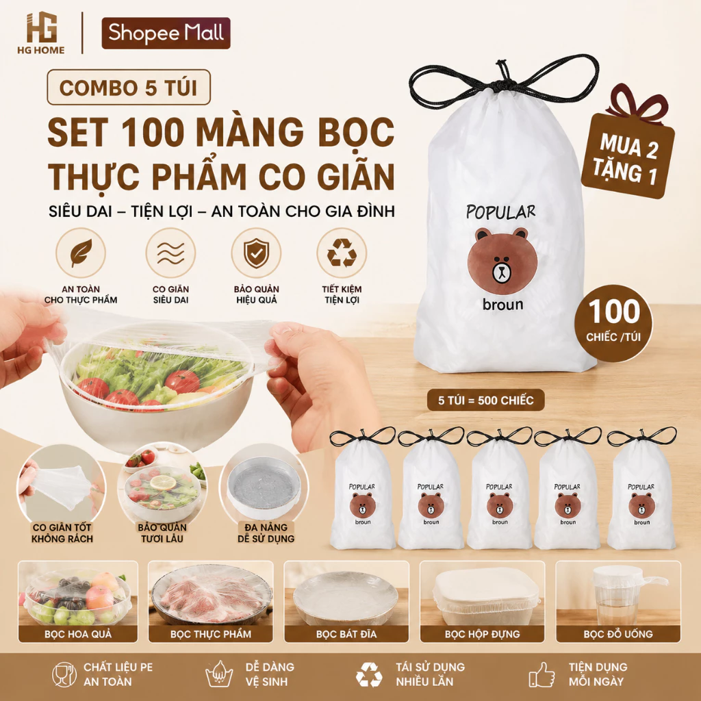 [COMBO 5 TÚI] Set 100 Màng Bọc Thực Phẩm Co Giãn Siêu Dai Tiện Lợi Sử Dụng Cho Gia Đình HGHOME