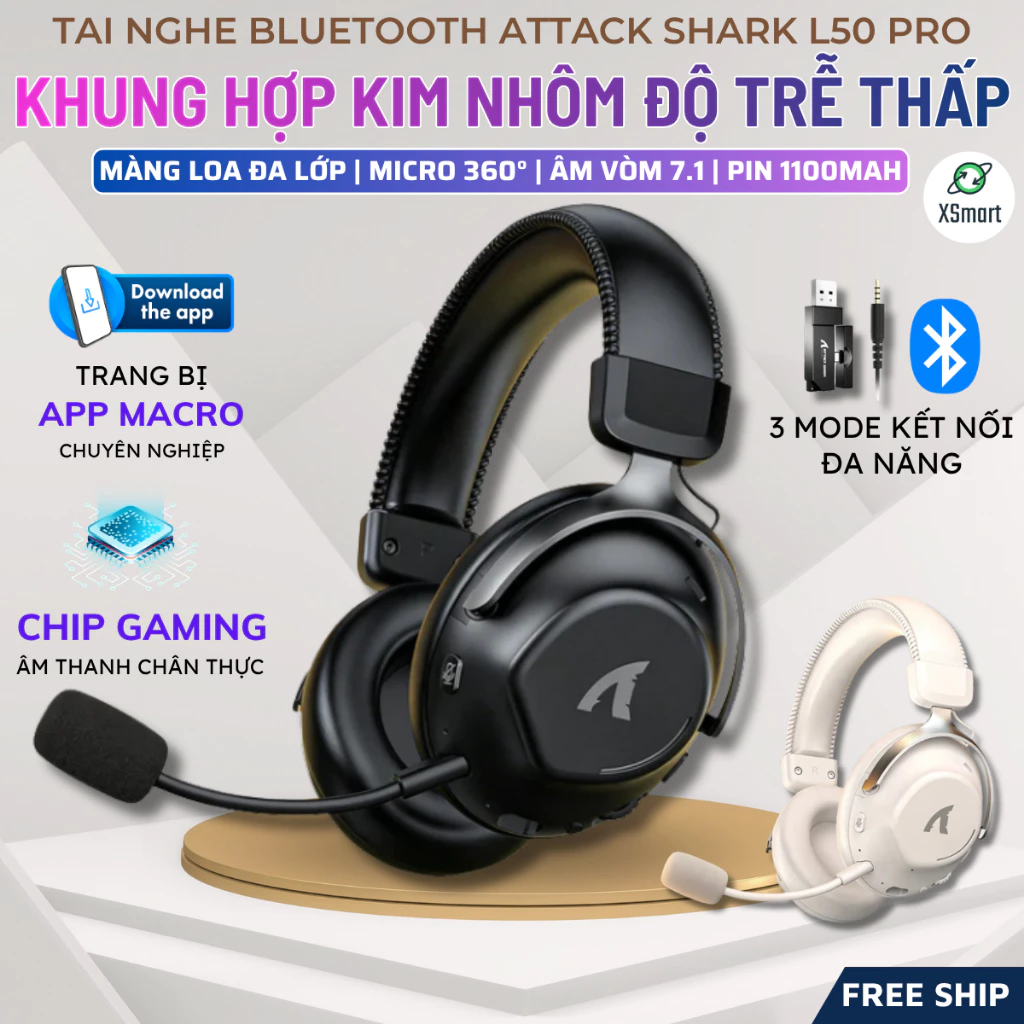Tai Nghe Chụp Tai Gaming Attack Shark L50 Pro 3 Mode, Chip Gaming Âm Thanh Chân Thực, Pin 1100mAh