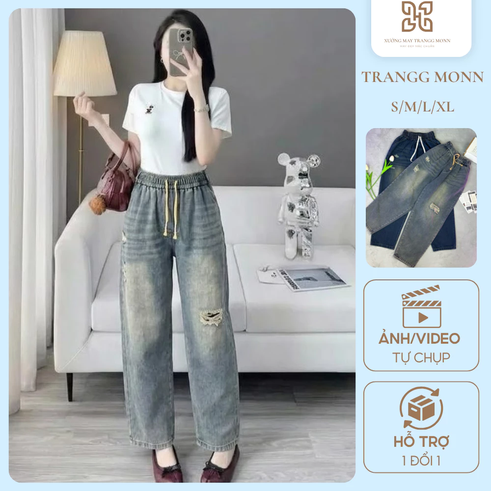 Quần Bò Nữ Quần Jean Nữ Baggy Cạp Chun Chất Mềm Mại Co Giãn Có Bigsize Form Rộng Hack Dáng