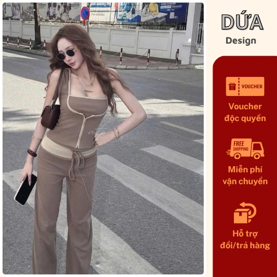 P30 Set Mũ Viền Nâu Áo Dáng Croptop Ôm Phối Quần Dài Chất Bozip Mềm Mại Tôn Dáng