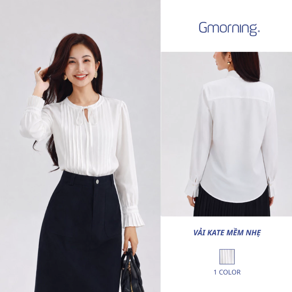 Áo Kiểu Nữ Gmorning YAG05003 Cổ Tròn Thắt Nơ - Áo Sơ Mi Tay Dài Phối Xếp Ly Dọc Thân Thanh Lịch