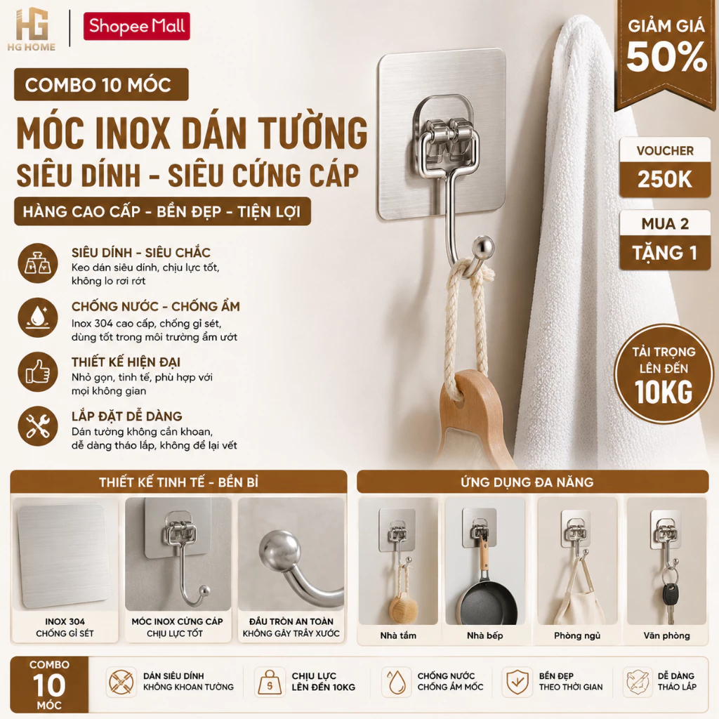 Combo 10 Móc Inox dán tường HGHOME siêu dính siêu cứng cáp hàng cao cấp