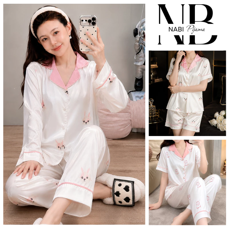 Bộ pyjama dài tay, quần dài họa tiết dễ thương. Bộ đồ ngủ nữ lụa xước cao cấp B27