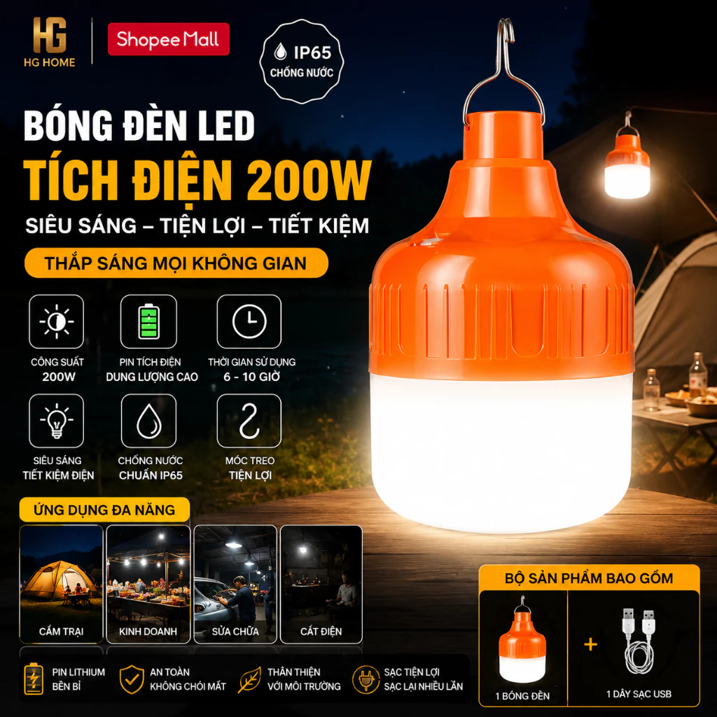 Bóng Đèn LED Tích Điện Công Suất 200W Chống Nước Có Móc Treo Tiện Lợi HGHOME