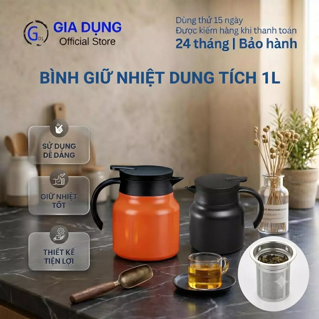 Bình lọc trà giữ nhiệt 8 tiếng G01 dung tích 1l chất liệu inox 316 pha cà phê không rỉ