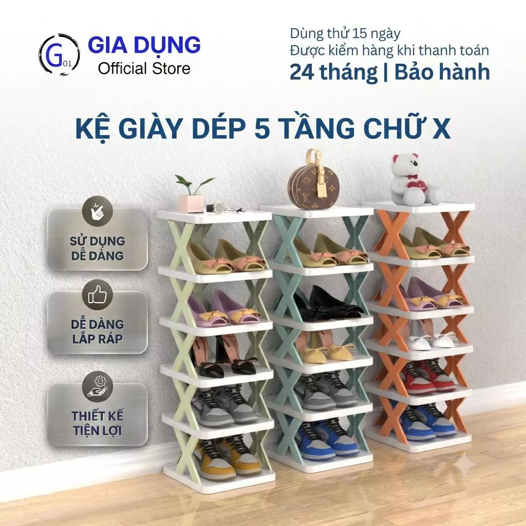 Kệ giày dép đa năng 5 tầng G01 hình chữ X dễ dàng tháo tháo lắp chắc chắn trang trí decor nhựa pvc