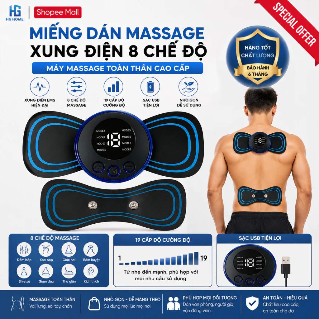 Miếng Dán Massage Xung Điện HGMART 8 Chế Độ - Máy Massage Toàn Thân Cao Cấp [ HÀNG TỐT ]