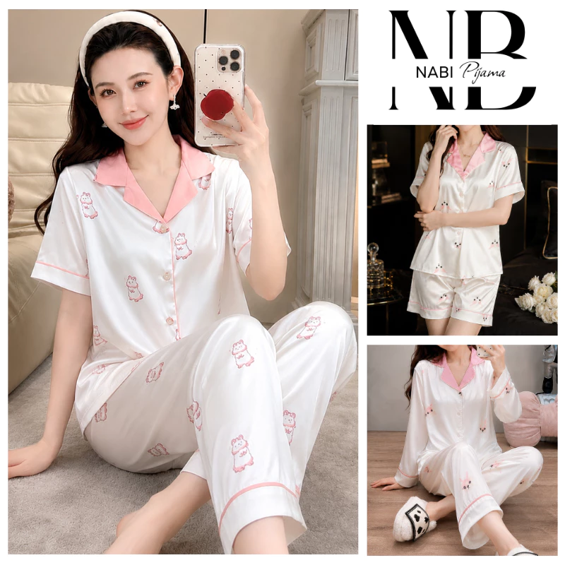 Bộ pyjama cộc tay, quần dài họa tiết dễ thương, Bộ đồ ngủ nữ lụa xước cao cấp B27