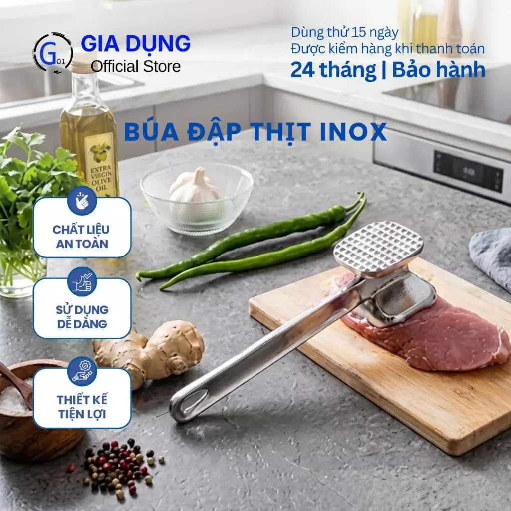Búa đập thịt inox làm mềm G01 hợp kim không rỉ có độ bền cao đa năng tiện dụng an toàn