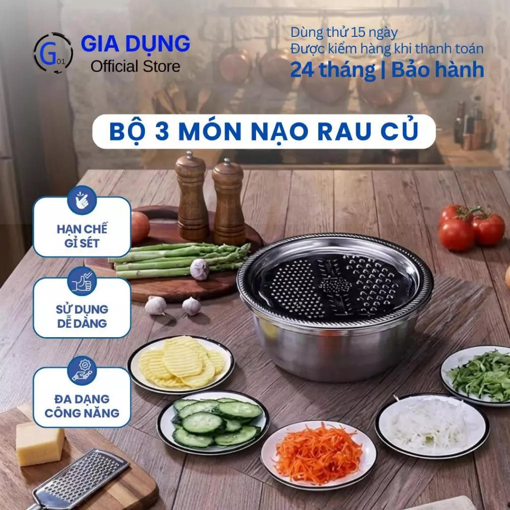 Bộ thau rổ bào G01 Bộ dụng cụ bào đa năng - Bộ 3 món bào nạo rau củ kiêm rổ và chậu inox cao cấp