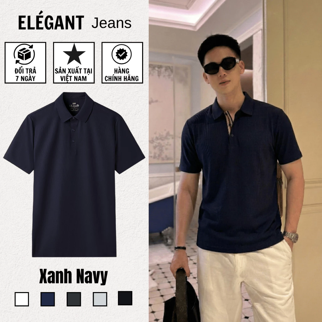 Áo Polo Nam Không Đường May Cao Cấp Xanh Navy, Chất Liệu MICROFIBER Thoáng Mát, Co Dãn Tốt - ELEGANT