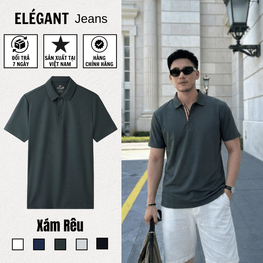 Áo Polo Nam Không Đường May Cao Cấp Xám Rêu, Chất Liệu MICROFIBER Thoáng Mát, Co Dãn Tốt - ELEGANT