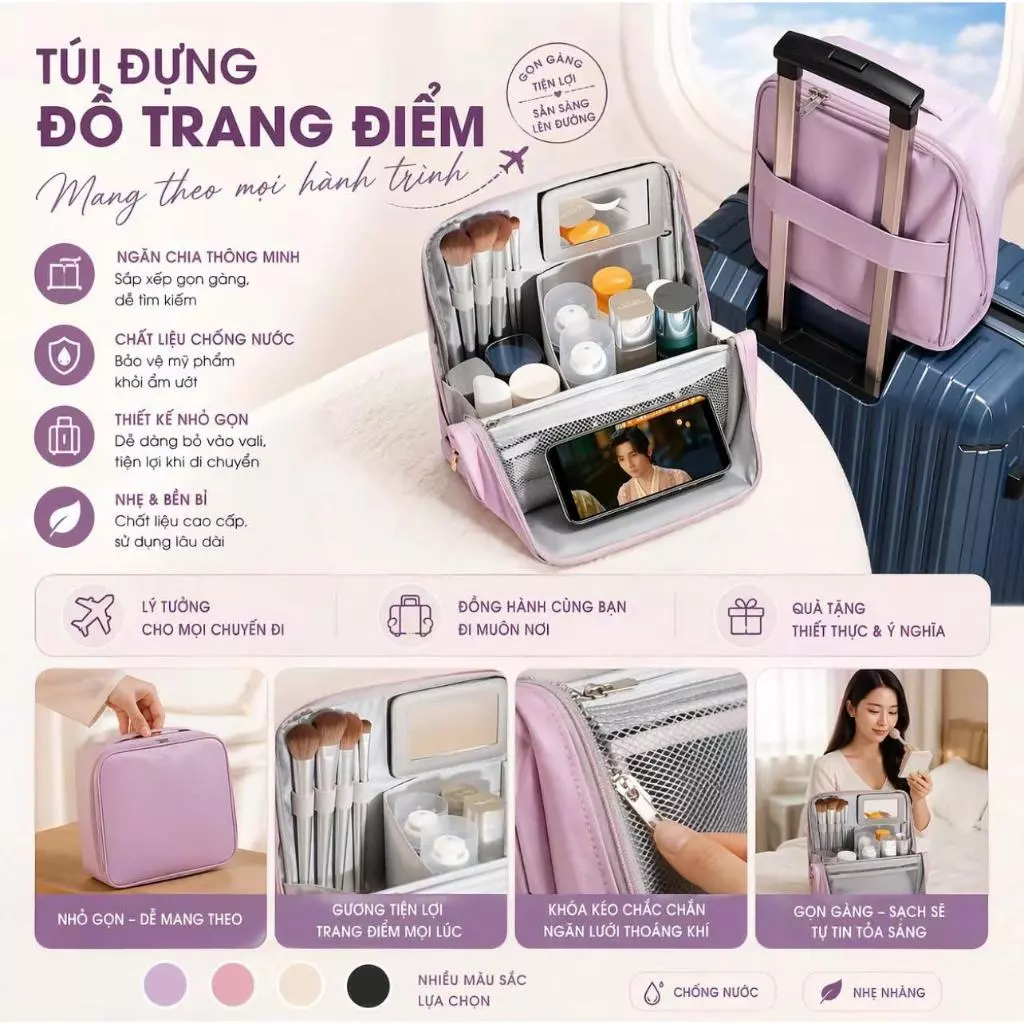 [TẶNG GƯƠNG] Túi Đựng Mỹ Phẩm Đựng Đồ Trang Điểm Du Lịch Chống Thấm Nước, Chia Ngăn Tiện Lợi