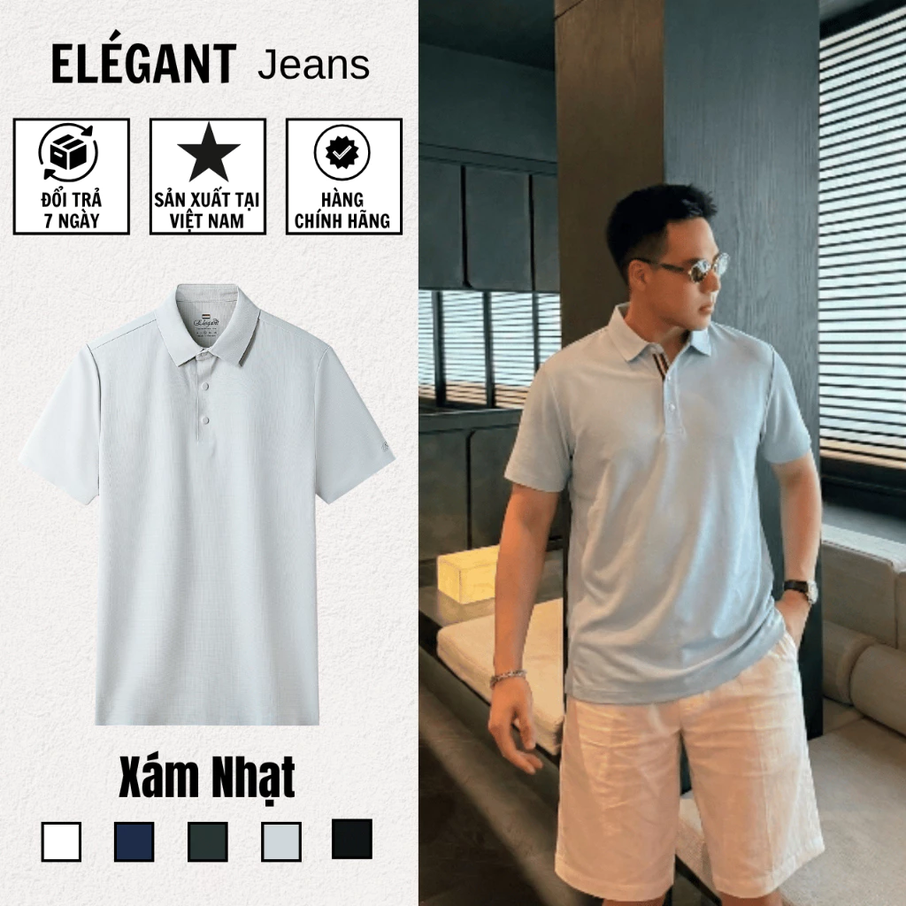 Áo Polo Nam Không Đường May Cao Cấp Xám Nhạt, Chất Liệu MICROFIBER Thoáng Mát, Co Dãn Tốt - ELEGANT