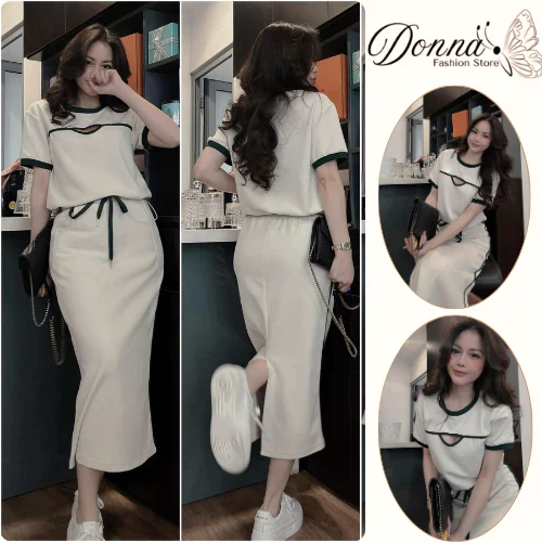 Set đồ nữ DONNA HCOM25580 thun gân dáng dài phối viền xanh basic sang chảnh, đồ bộ nữ mặc nhà đi chơi basic
