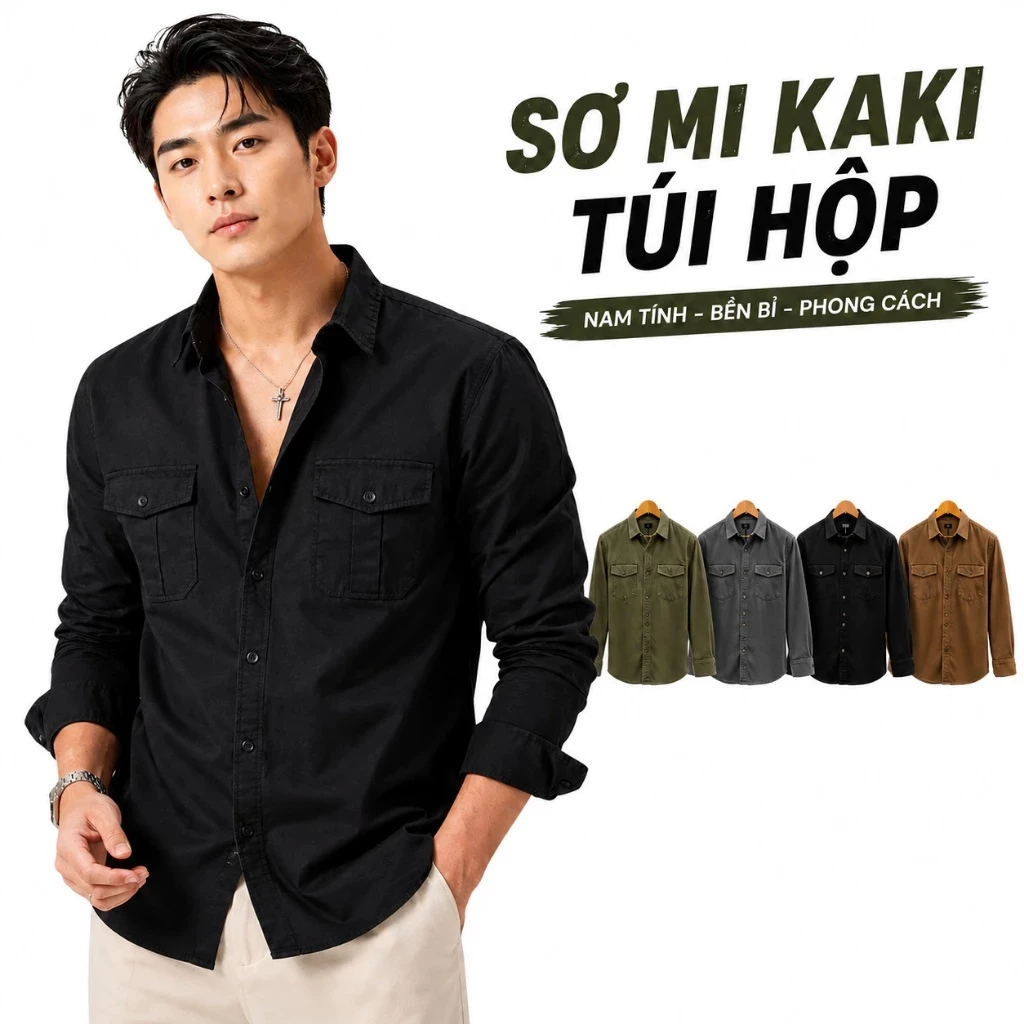 Áo Sơ Mi Kaki Nam Dài Tay Cao Cấp AZ FASHION Áo Khoác Sơ Mi Kaki 2 Túi Hộp Phom Rộng Thời Trang