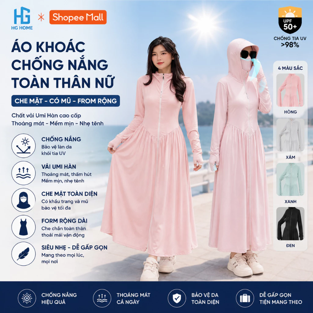 Áo Khoác Chống Nắng Toàn Thân Nữ Có Mũ Và Che Mặt From Rộng Chất Vải Umi Hàn Thoáng Mát Chống Tia UV